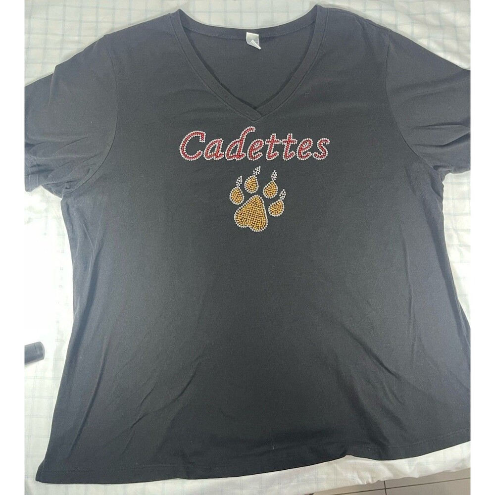 Kavio Women’s 2XL Black V-Neck T-Shirt Cadettes Rhinestone Paw Print